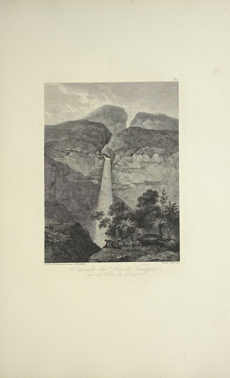 Wodospady Rio de Vinagre, w pobliżu wulkanu Purace, rysowany przez Kocha, grawerowany przez Arnolda, ilustracja z „Widoki na Kordyliery i pomniki ludów tubylczych Ameryki” autorstwa Alexandra von Humboldta i Aime Bonplanda autorstwa Friedrich Alexander Baron von (after) Humboldt