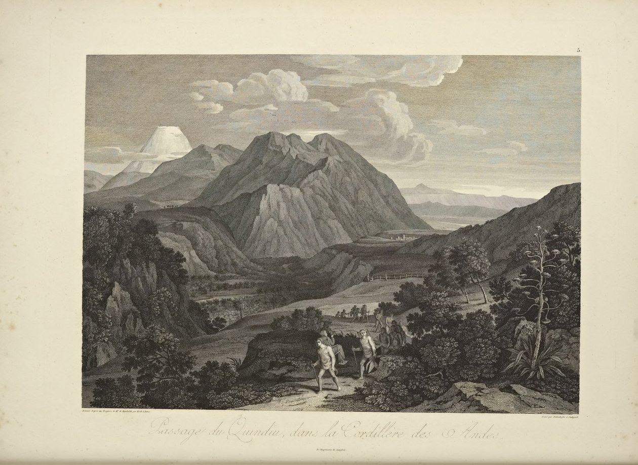 Przejście Quindiu, w Kordylierach Andów, rys. Kocha, ilustracja z „Widoki Kordylierów i pomników ludów tubylczych Ameryki” Aleksandra von Humboldta i Aime Bonplanda autorstwa Friedrich Alexander Baron von (after) Humboldt