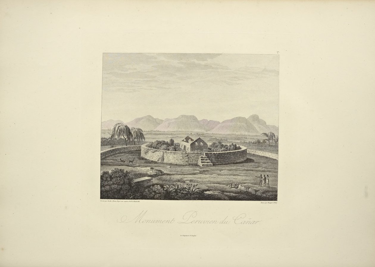 Peruwiański pomnik Canar, rysowany przez Gmelina, grawerowany przez Bouquet, ilustracja z „Views of the Cordilleras and Monuments of the Indigenous Peoples of America” autorstwa Alexandra von Humboldta i Aime Bonplanda autorstwa Friedrich Alexander Baron von (after) Humboldt