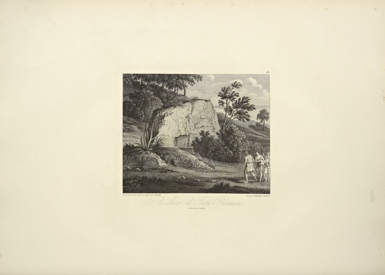 Skała Inti-Guaicu, rysowany przez Kocha, grawerowany przez Dutterhoffera, ilustracja z „Widoki Kordylierów i pomników Native Peoples of America” autorstwa Alexandra von Humboldta i Aime Bonplanda autorstwa Friedrich Alexander Baron von (after) Humboldt