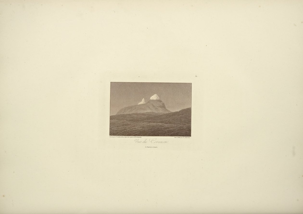 Widok Corazon, rys. Gmelin, grawerowany przez Arnolda, ilustracja z „Widoki Kordylierów i pomników rdzennych ludów Ameryki” autorstwa Alexandra von Humboldta i Aime Bonplanda autorstwa Friedrich Alexander Baron von (after) Humboldt