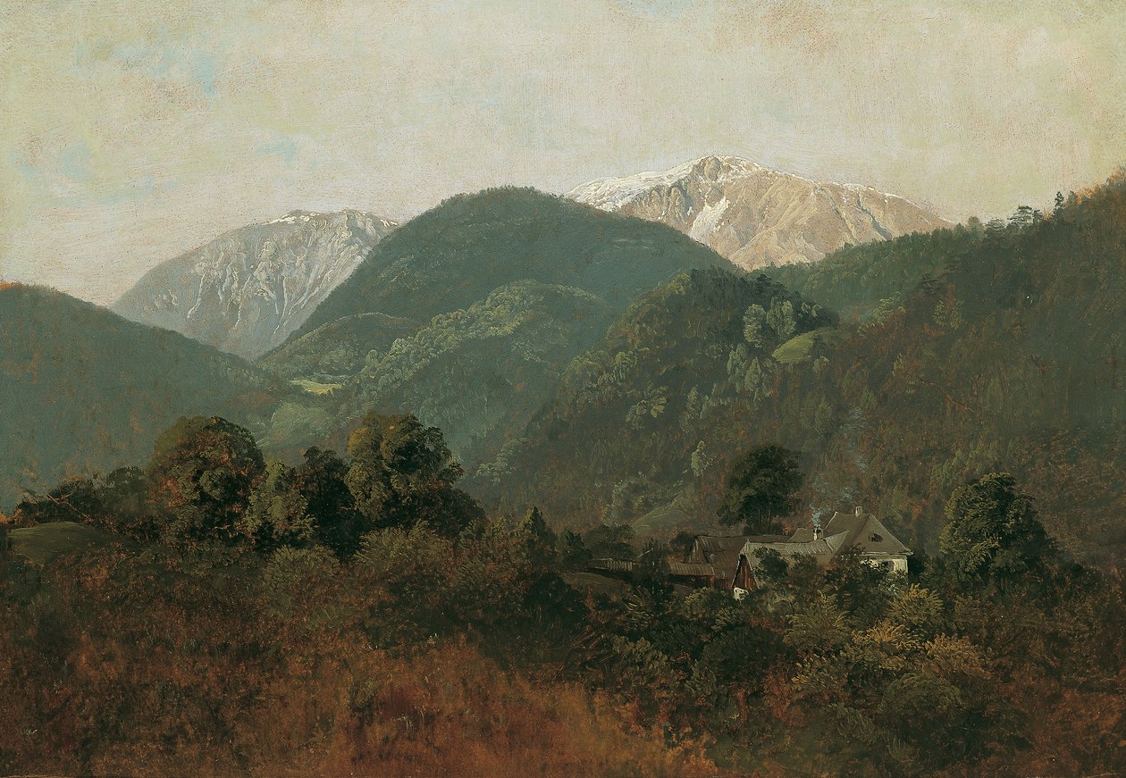 Widok z Scheuchenstein na Gauermannhof z Schneebergiem w tle autorstwa Friedrich August Mathias Gauermann