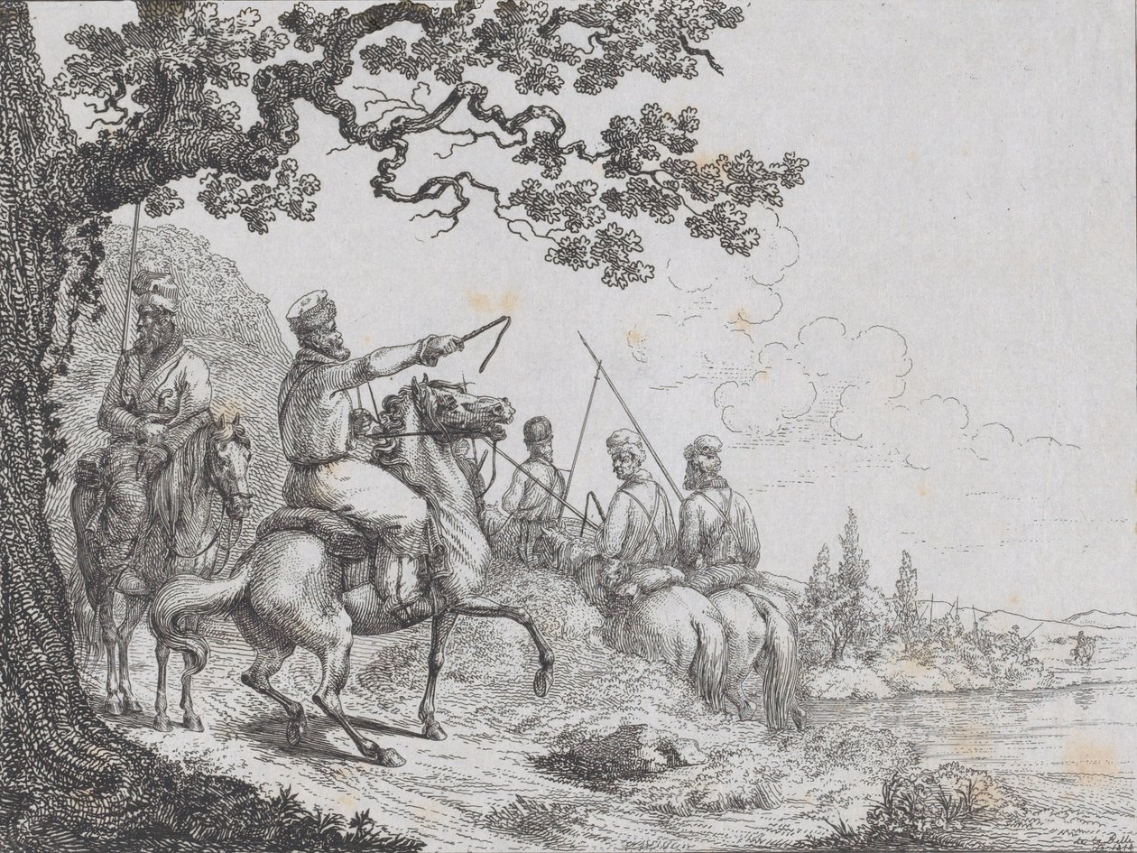 Kozacy jadący brzegiem rzeki, 1814 r. autorstwa Friedrich August de La Belle