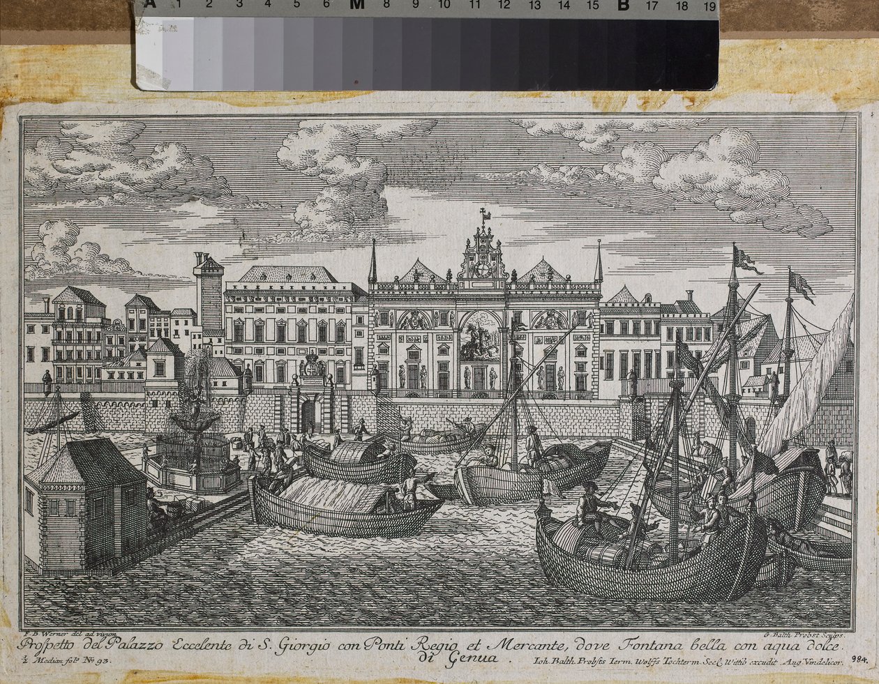 Plan Genui przedstawiający Most Królewski, Nowy Most Mercanzia i Pałac Św. Jerzego widziany z morza, ok. 1750 (rycina) autorstwa Friedrich Bernhard Werner