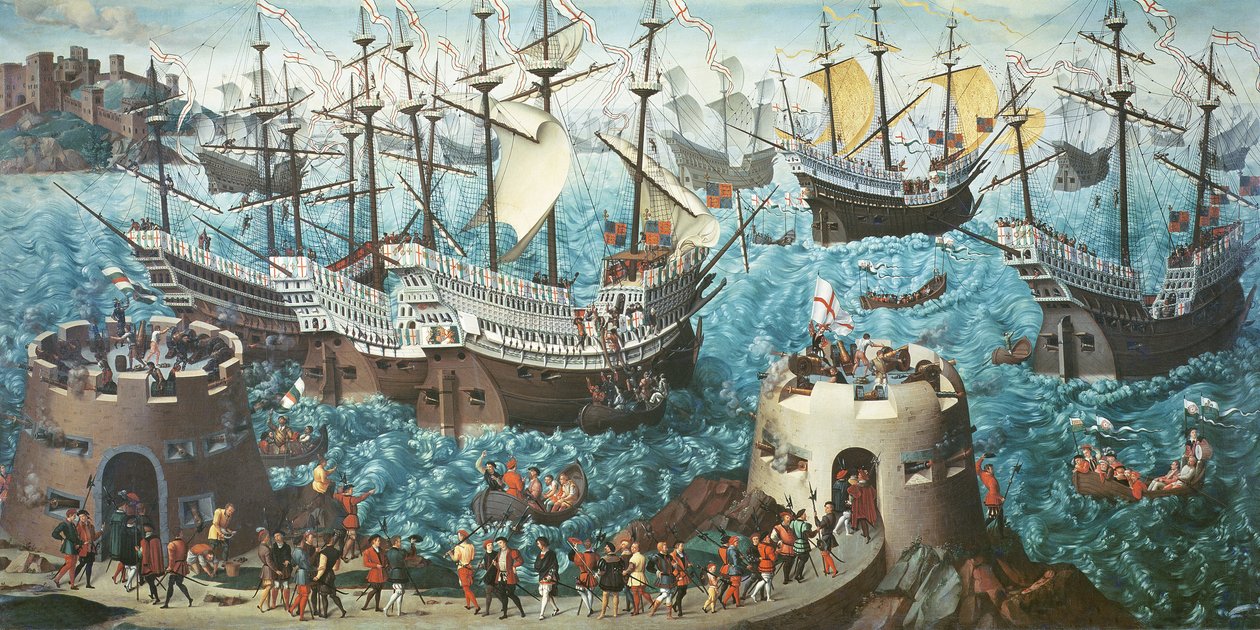 Zaokrętowanie Henryka VIII (1491-1547) na pokład statku Henry Grace a Dieu w 1520 r., skopiowane z obrazu Vincenta Volpi autorstwa Friedrich Bouterwek