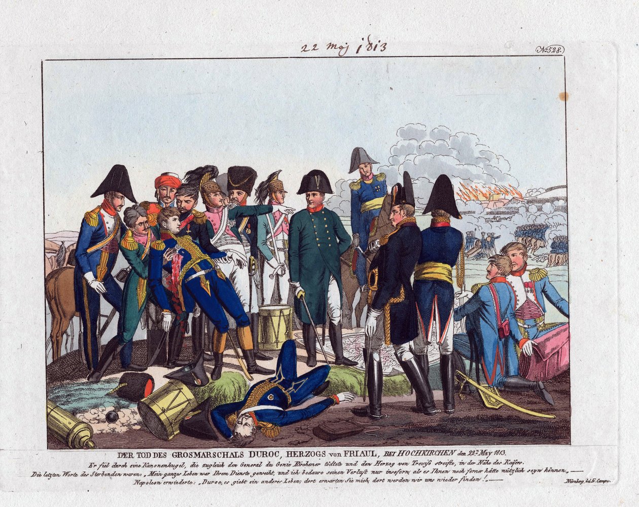 Śmierć marszałka Duroc w Hochkirchen 22 maja 1813 (bataille de Bautzen ou Wurschen) - Campe, August Friedrich Andreas (1777-1846) - Akwaforta, akwarela - 24x28,5 - Kolekcja prywatna autorstwa Friedrich Campe