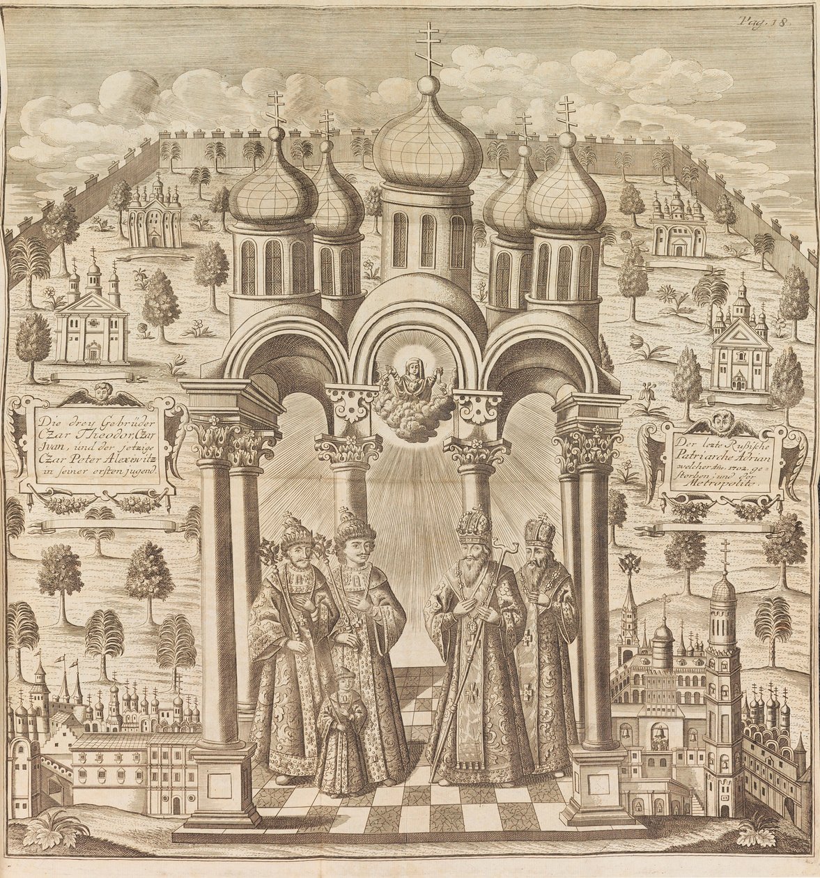 Fiodor III, Piotr I, Iwan V i Patriarcha Adrian I. Z Das veraenderte Russland..., 1721. autorstwa Friedrich Christian Weber