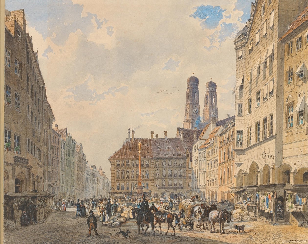 Marienplatz w Monachium z kościołem Frauenkirche w tle autorstwa Friedrich Eibner