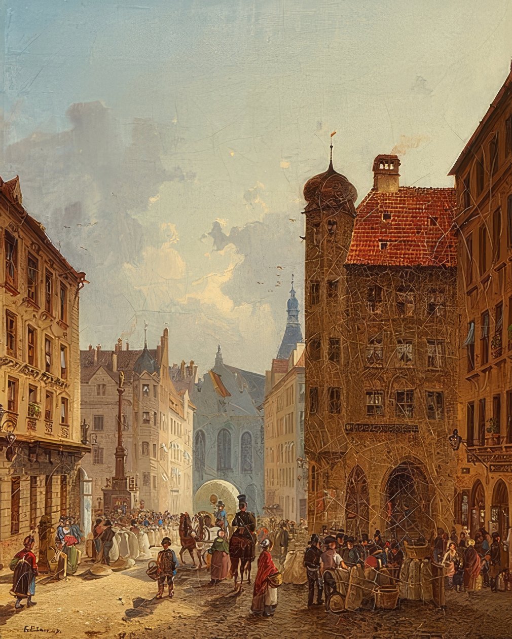 Monachium - widok na Stary Ratusz z ulicy Kaufingerstraße. 1849 autorstwa Friedrich Eibner