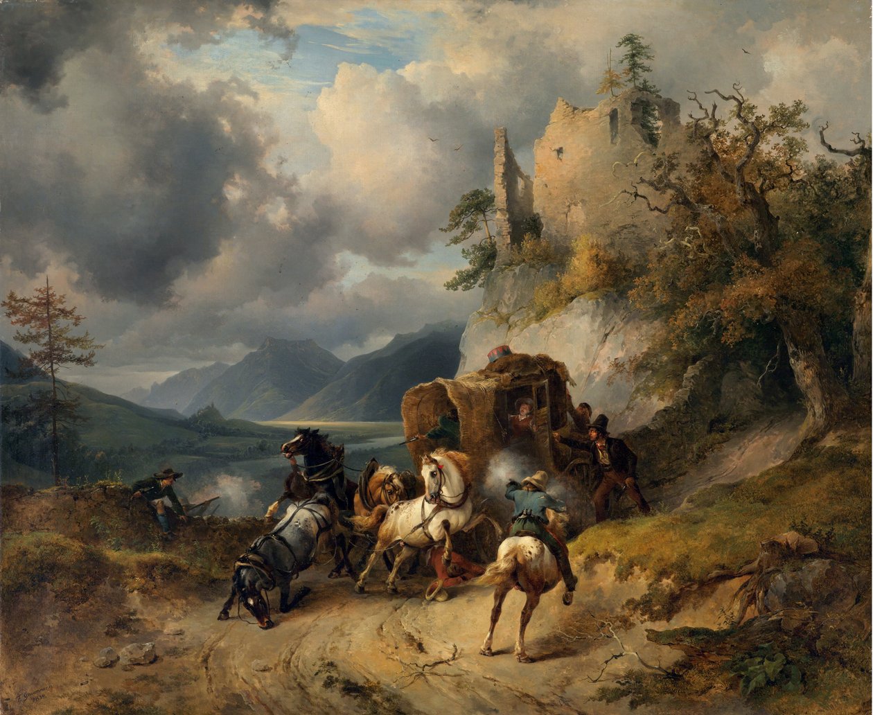 Napad par Gauermann, Friedrich August Matthias (1807-1862). Olej na płótnie, format : 60,5x74 autorstwa Friedrich Gauermann