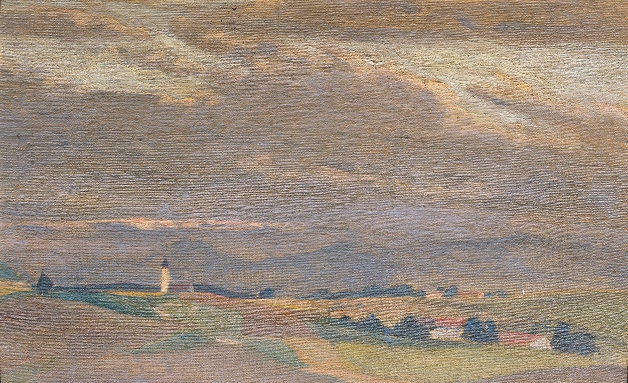 Wieczorny krajobraz z wieżą kościelną autorstwa Friedrich Hasslwander