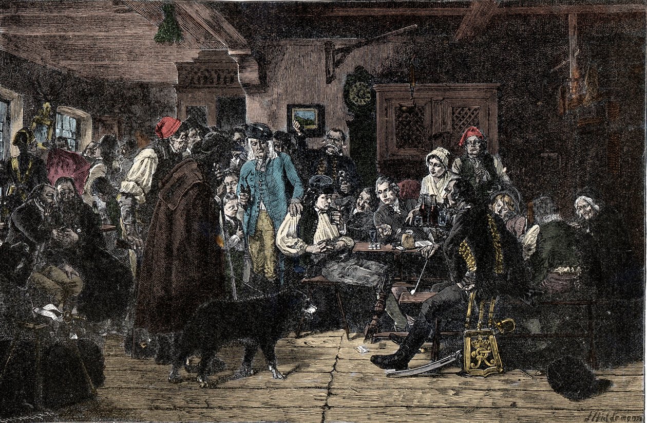 Wojna śląska: Werbunek do Armii Śląskiej - Wojny śląskie (1740-1763): Werbunek wojsk Fryderyka II Wielkiego zwanego Wielkim (1712-1786) - 1882 - Drzeworyt Hiddemanna, Friedricha (1829-1892) autorstwa Friedrich Hiddemann