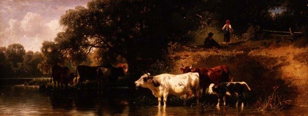 Podlewanie bydła w zalesionym krajobrazie autorstwa Friedrich Johann Voltz