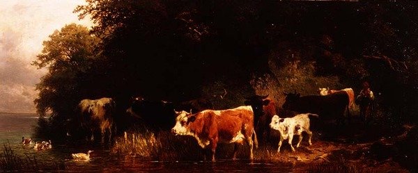 Zalesiony krajobraz rzeki z poganiaczem i podlewaniem bydła autorstwa Friedrich Johann Voltz
