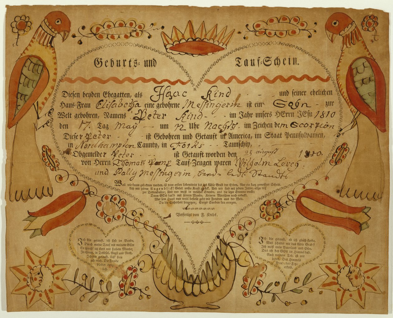 Świadectwo urodzenia i chrztu, ok. godz. 1790-1800 (tusz, akwarela i grawer na papierze czerpanym) autorstwa Friedrich Krebs