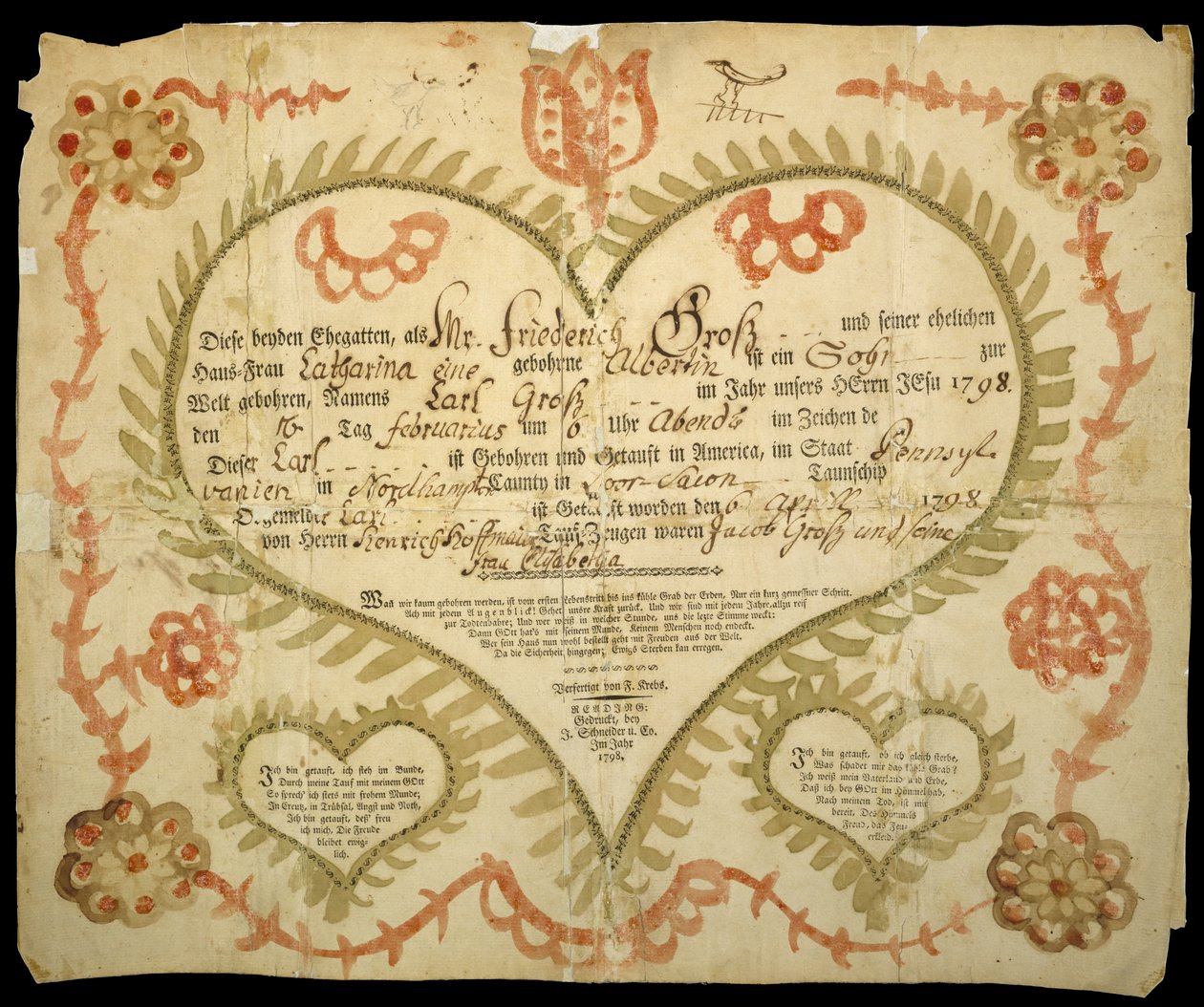 Akt urodzenia i chrztu, 1800 (tusz, akwarela i grawer na papierze czerpanym) autorstwa Friedrich Krebs