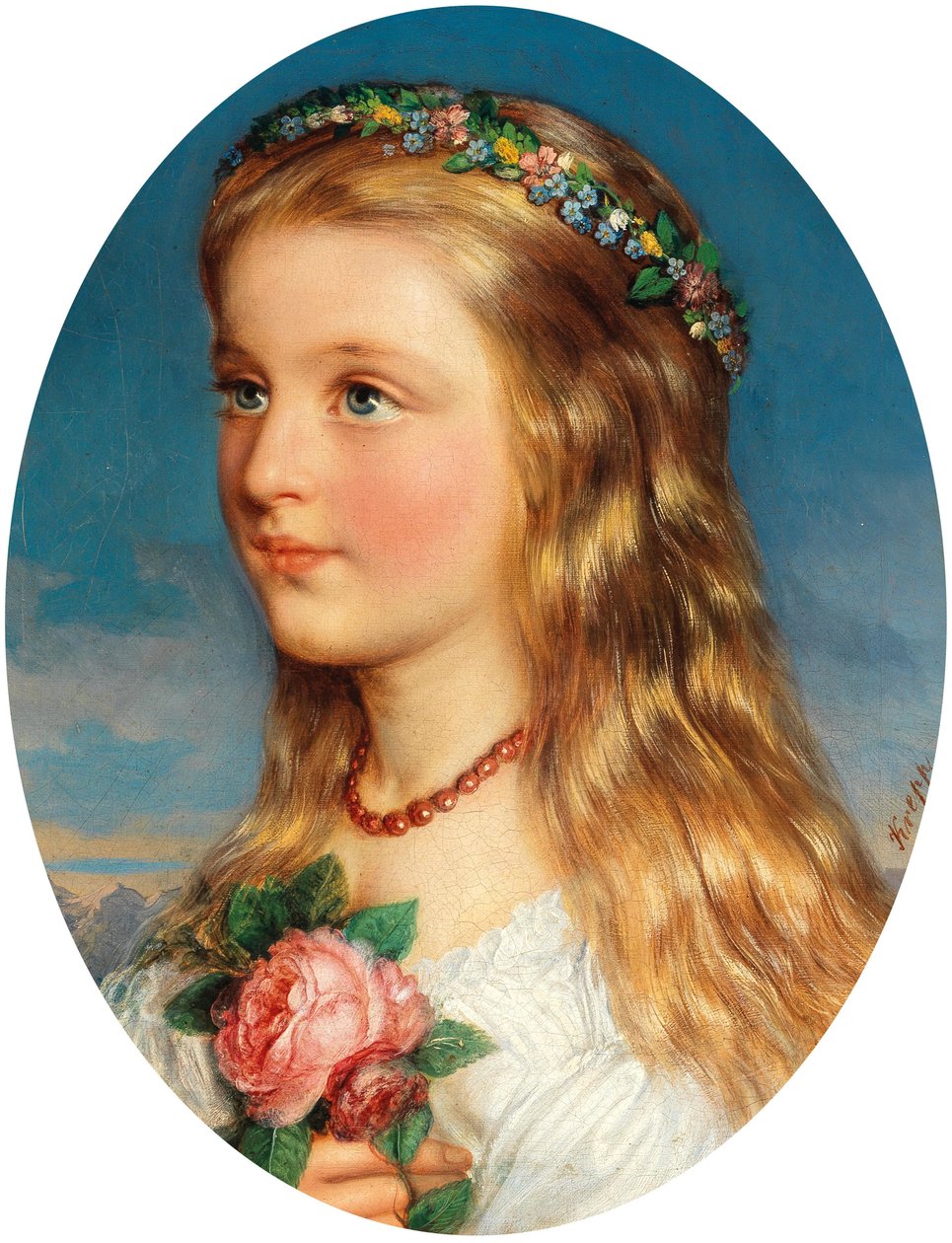 Friedrich Krepp Portret dziewczyny z wieńcem kwiatów i róż autorstwa Friedrich Krepp