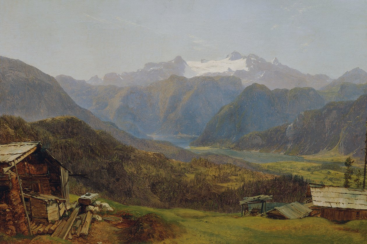 Widok na jezioro Hallstatt i Dachstein z Hütteneckalm autorstwa Friedrich Loos