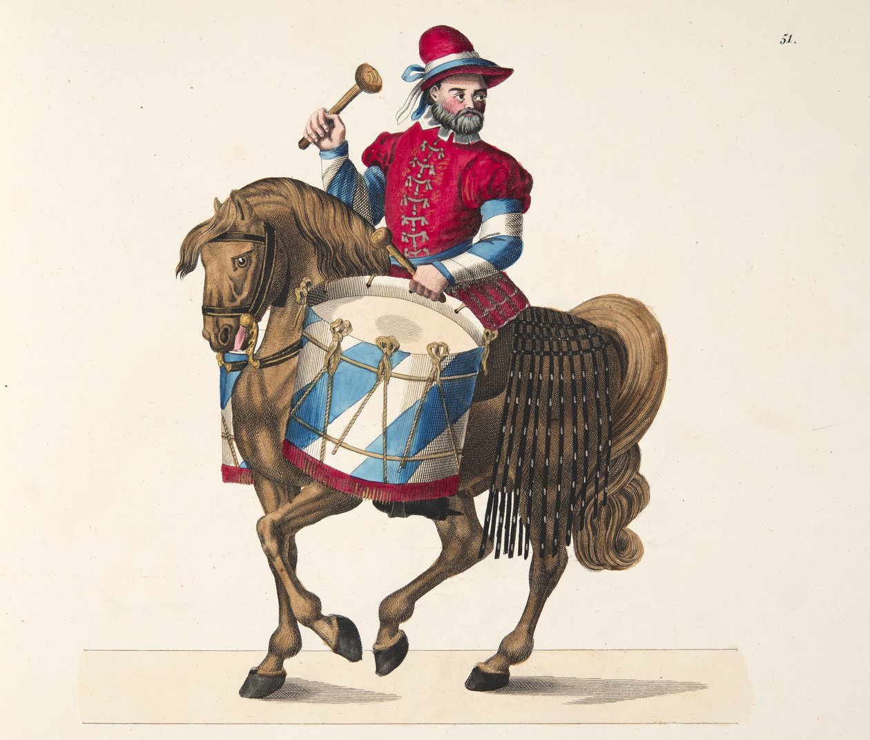 Perkusista na turnieju, tablica z „Historii rozwoju i obyczajów rycerskich” dr. Franza Kottenkampa, wyd. Carl Hoffmann, 1842 autorstwa Friedrich Martin von Reibisch