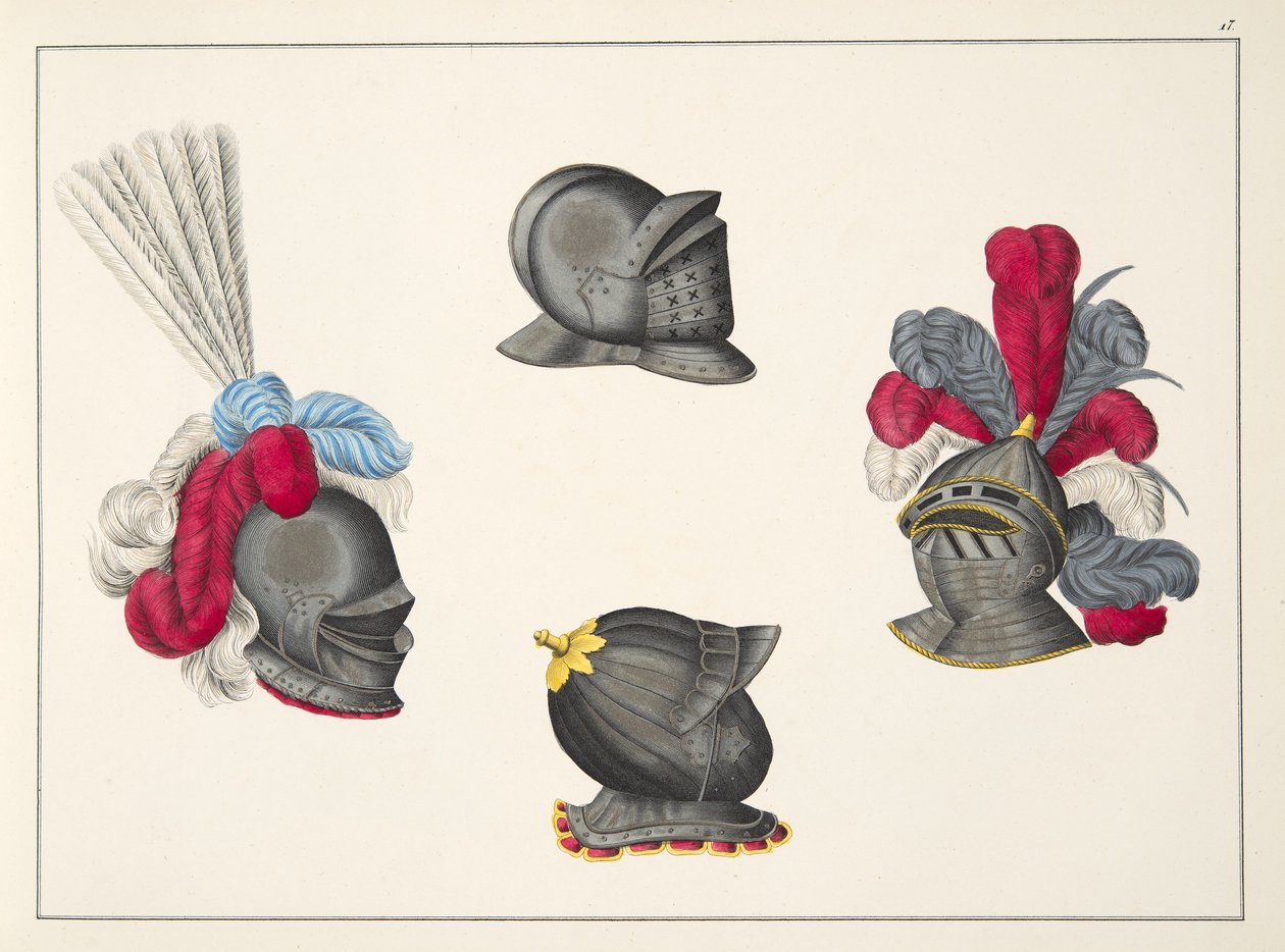 Hełmy, płyta z „Historii rozwoju i obyczajów rycerskich” dr. Franza Kottenkampa, wydanej przez Carla Hoffmanna, 1842 autorstwa Friedrich Martin von Reibisch