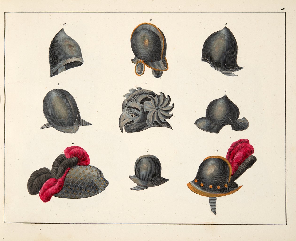Hełmy, tablica z „Historii rozwoju i obyczajów rycerskich” dr. Franza Kottenkampa, wydanej przez Carla Hoffmanna, 1842 autorstwa Friedrich Martin von Reibisch