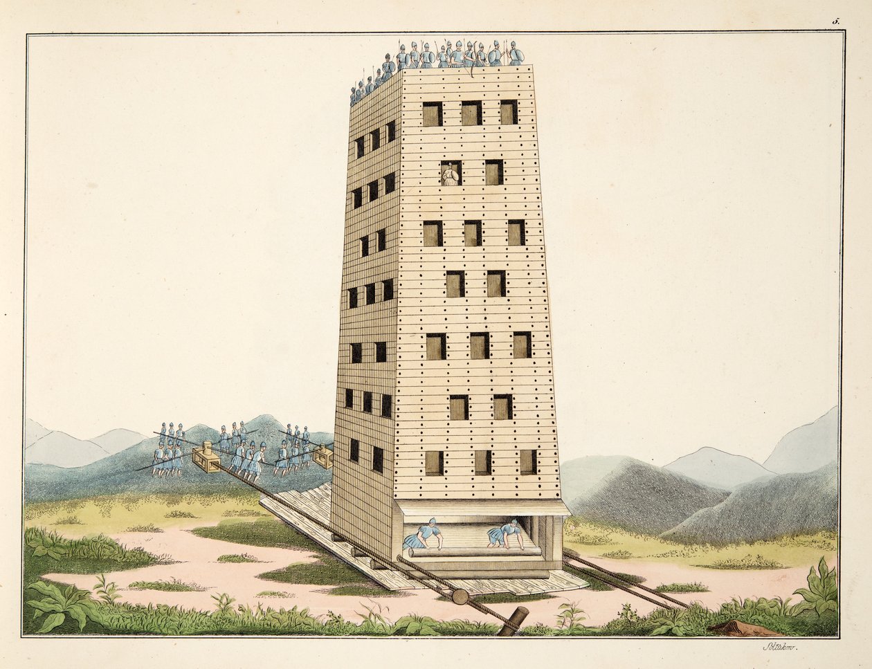 Wieża ruchoma, wzorowana na wieży Cezara w Namur, tablica z „Historii rozwoju i obyczajów rycerskich” dr. Franza Kottenkampa, wydana przez Carla Hoffmanna, 1842 autorstwa Friedrich Martin von Reibisch