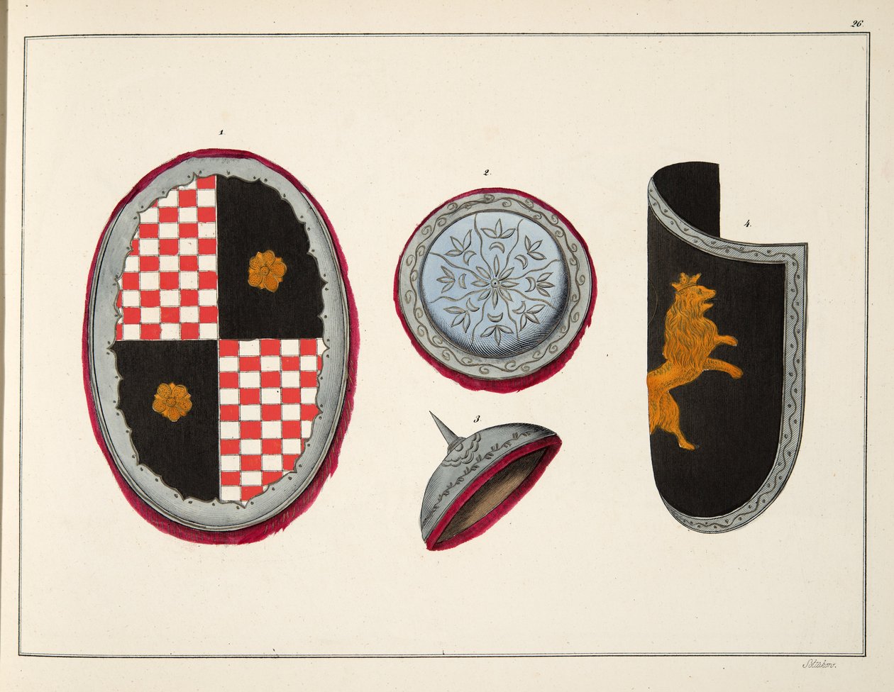 Tarcze, tablica z „Historii rozwoju i obyczajów rycerskich” dr. Franza Kottenkampa, wydanej przez Carla Hoffmanna, 1842 autorstwa Friedrich Martin von Reibisch