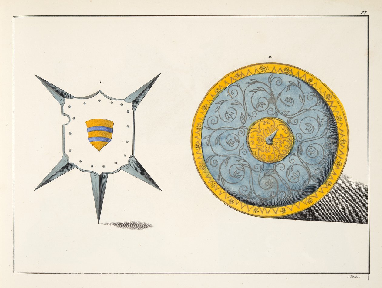 Tarcze, tablica z „Historii rozwoju i obyczajów rycerskich” dr. Franza Kottenkampa, wydanej przez Carla Hoffmanna, 1842 autorstwa Friedrich Martin von Reibisch