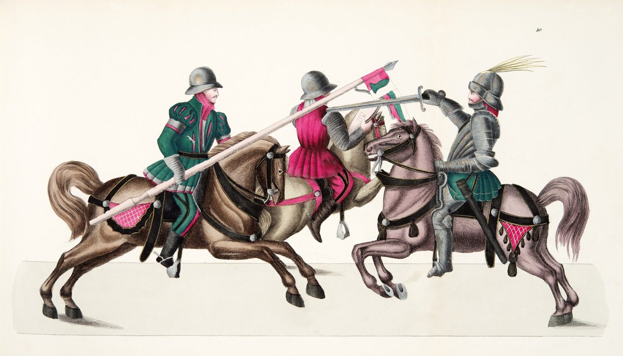 Trzech rycerzy na turnieju, tablica z „Historii rozwoju i obyczajów rycerskich” dr. Franza Kottenkampa, wyd. Carl Hoffmann, 1842 autorstwa Friedrich Martin von Reibisch