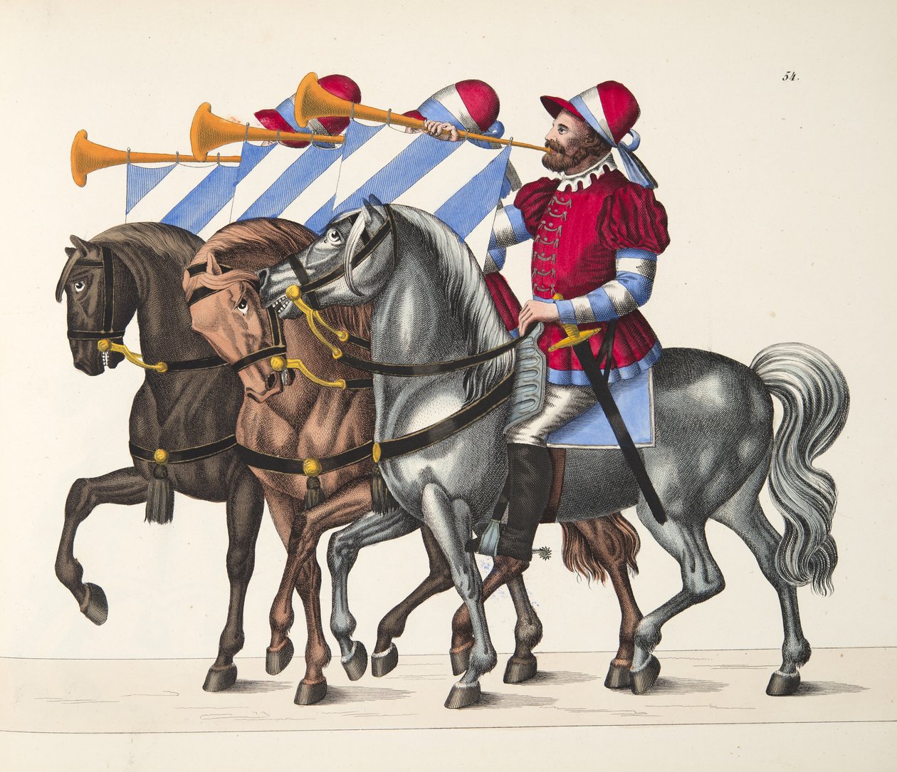 Trzech muzyków na turnieju, tablica z Historii rozwoju i obyczajów rycerskich dr. Franza Kottenkampa, wydanej przez Carla Hoffmanna, 1842 autorstwa Friedrich Martin von Reibisch