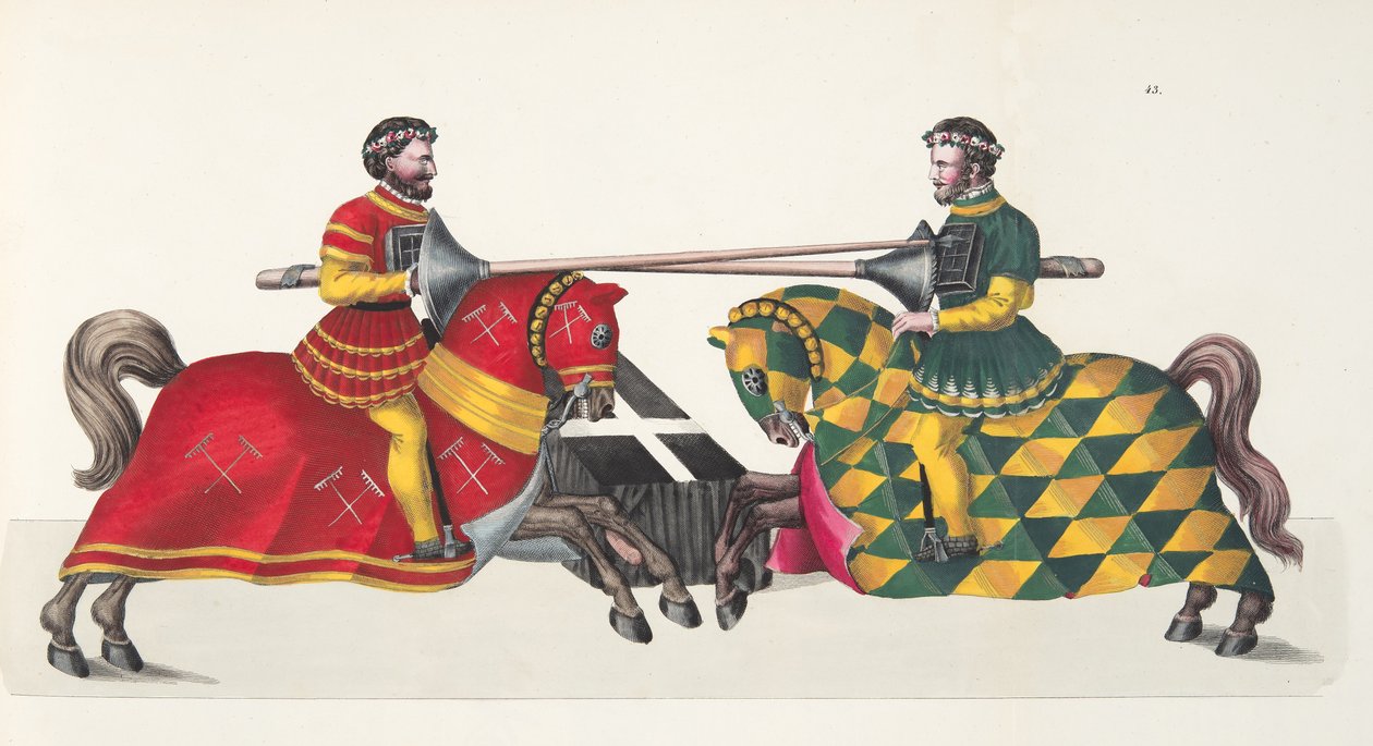 Dwóch rycerzy na turnieju, tablica z „Historii rozwoju i obyczajów rycerskich” dr. Franza Kottenkampa, wyd. Carl Hoffmann, 1842 autorstwa Friedrich Martin von Reibisch