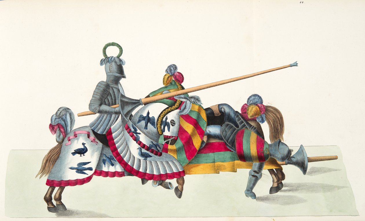 Dwóch rycerzy na turnieju, tablica z „Historii rozwoju i obyczajów rycerskich” dr. Franza Kottenkampa, wyd. Carl Hoffmann, 1842 autorstwa Friedrich Martin von Reibisch