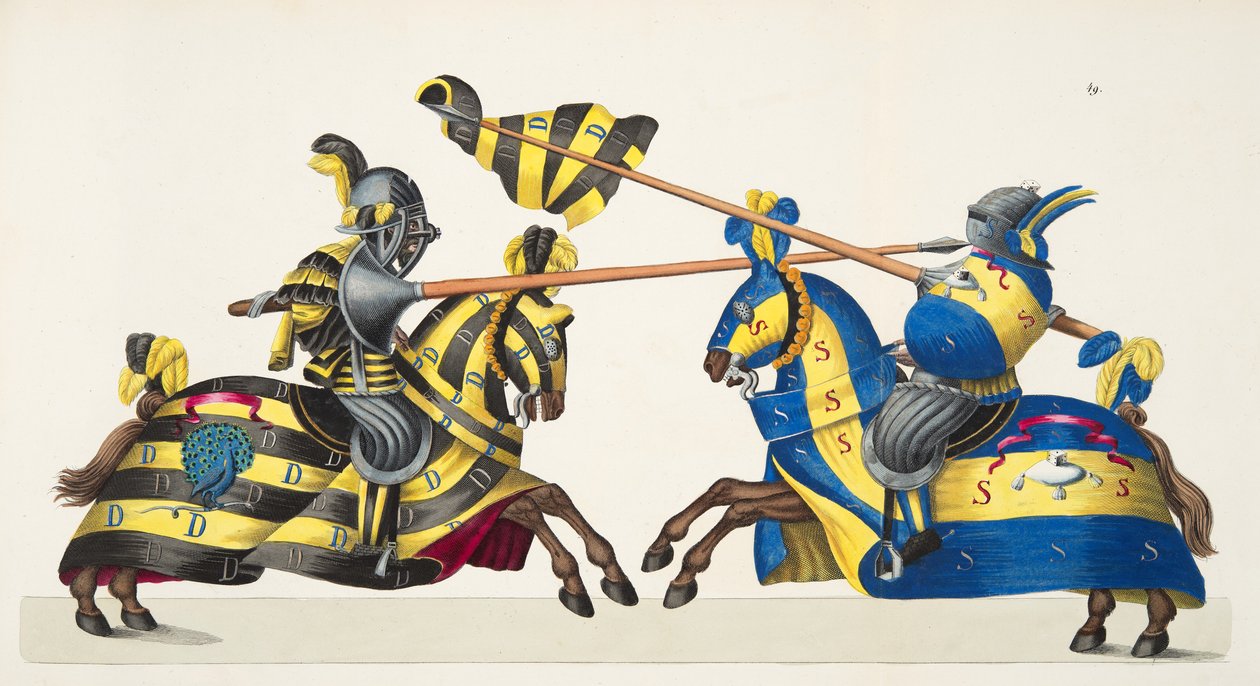 Dwóch rycerzy na turnieju, tablica z „Historii rozwoju i obyczajów rycerskich” dr. Franza Kottenkampa, wyd. Carl Hoffmann, 1842 autorstwa Friedrich Martin von Reibisch