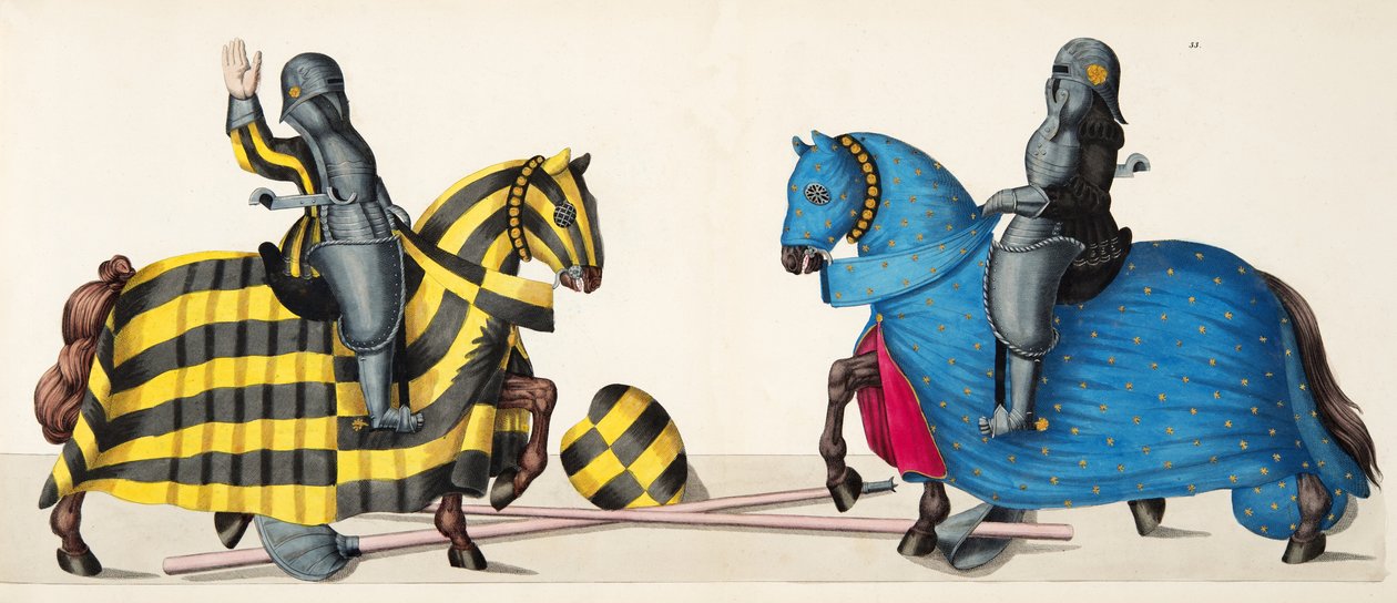 Dwóch rycerzy na turnieju, tablica z „Historii rozwoju i obyczajów rycerskich” dr. Franza Kottenkampa, wyd. Carl Hoffmann, 1842 autorstwa Friedrich Martin von Reibisch
