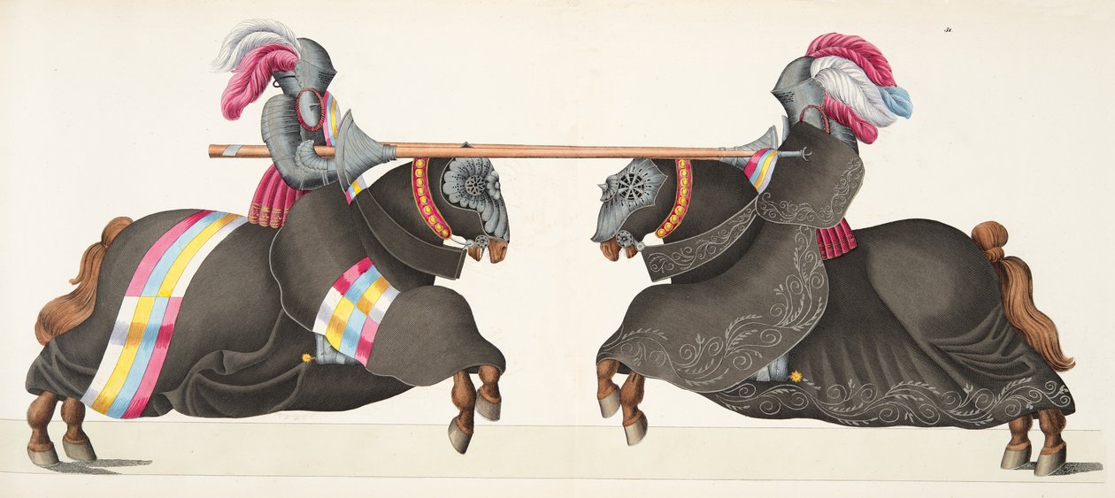 Dwaj rycerze podczas turnieju, ilustracja z "Historii rozwoju i zwyczajów rycerskich", autorstwa dr Franza Kottenkampa, wydanej przez Carla Hoffmanna, 1842 r. autorstwa Friedrich Martin von Reibisch