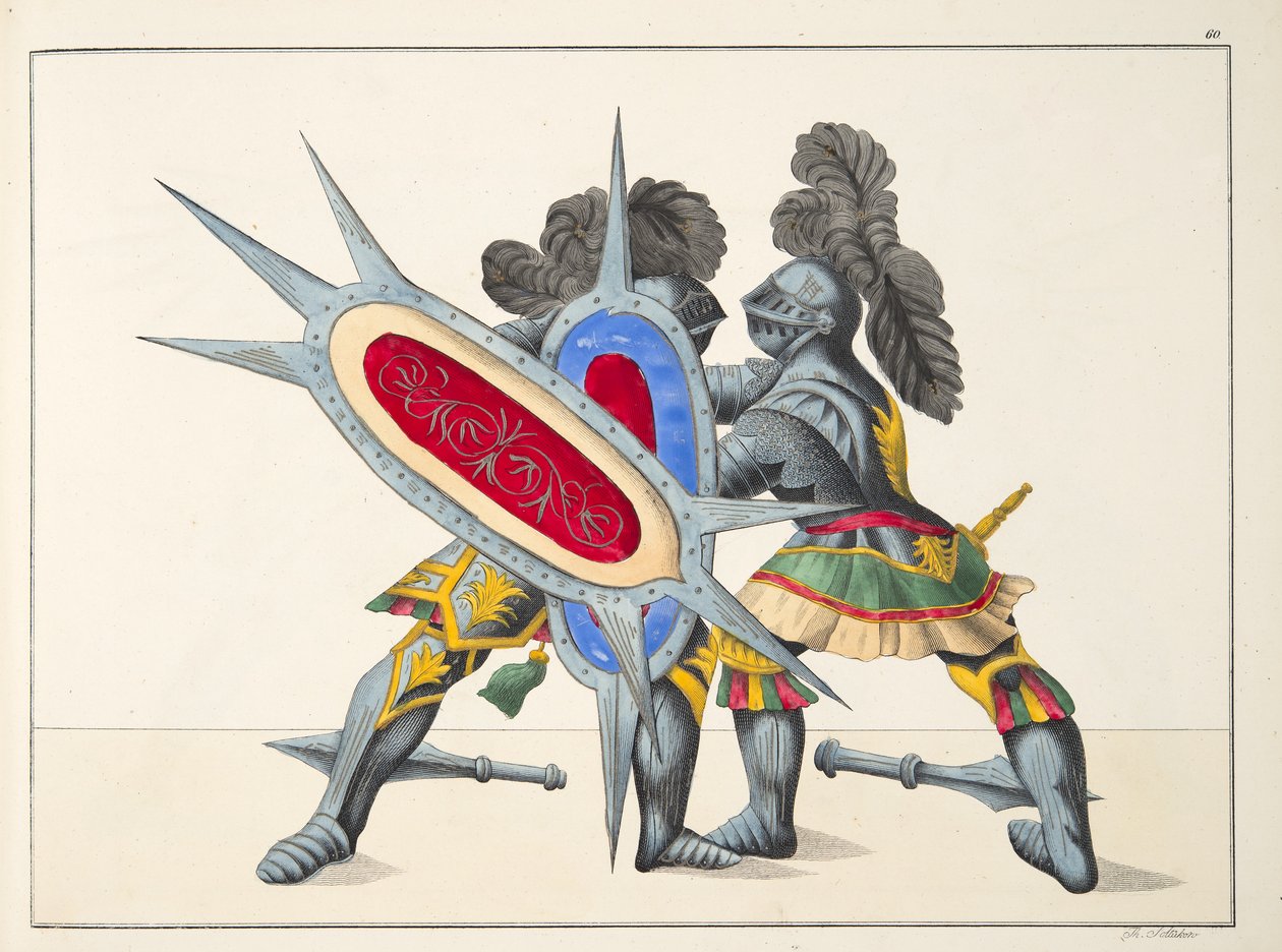 Walka dwóch rycerzy, tablica z „Historii rozwoju i obyczajów rycerskich” dr. Franza Kottenkampa, wyd. Carl Hoffmann, 1842 autorstwa Friedrich Martin von Reibisch