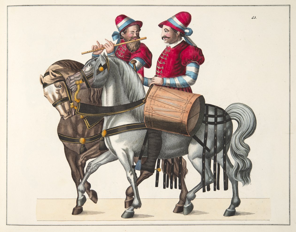 Dwóch muzyków na turnieju, płyta z Historii rozwoju i obyczajów rycerskich dr. Franza Kottenkampa, wydanej przez Carla Hoffmanna, 1842 autorstwa Friedrich Martin von Reibisch