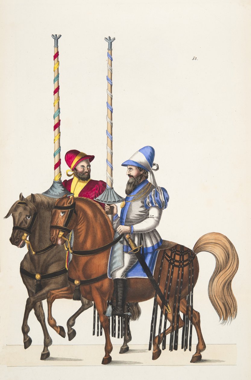 Dwaj jeźdźcy podczas turnieju, tablica z "Historii rozwoju i zwyczajów rycerskich", autorstwa dr Franza Kottenkampa, wydanej przez Carla Hoffmanna, 1842 r. autorstwa Friedrich Martin von Reibisch