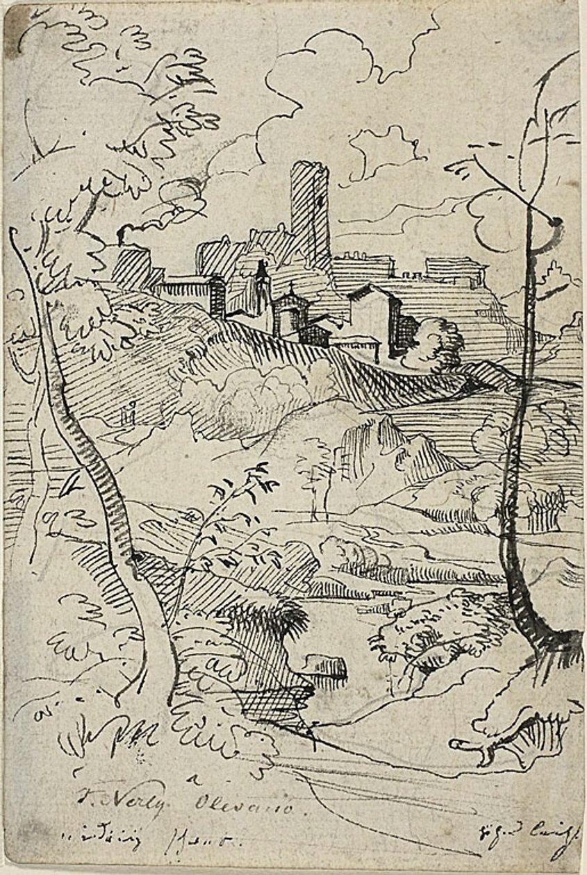Włoskie miasto z rzeką (recto); Widok miasta (verso) autorstwa Friedrich Nerly