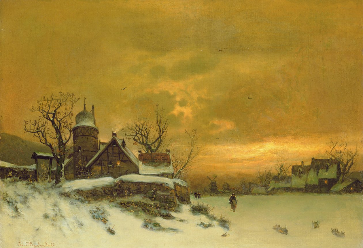 Zimowy krajobraz z widokiem na budynki wieczorem autorstwa Friedrich Nicolai Joseph Heydendahl