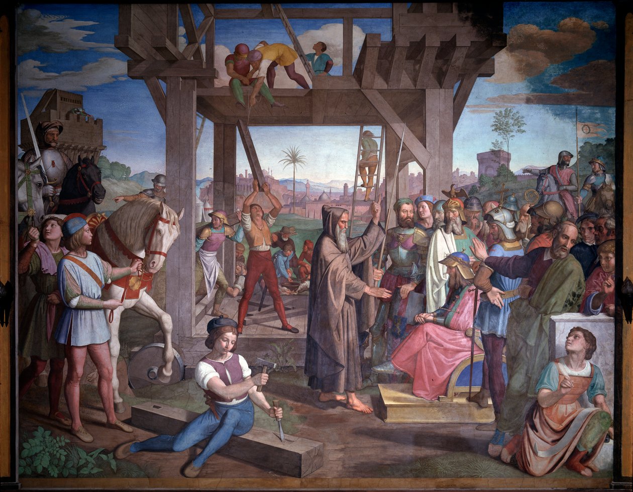 Pierwsza krucjata: Przygotowania do szturmu na Jerozolimę. Reprezentacja Godefroya de Bouillon siedzącego przed Piotrem Pustelnikiem - Fresco autorstwa Friedrich Overbeck