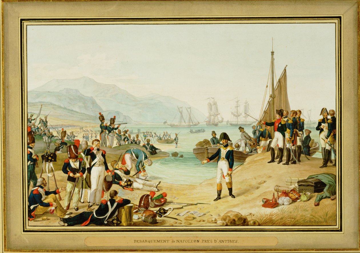 Napoleon I ląduje w pobliżu Antibes, Francja ... (akwarela) autorstwa Friedrich Philipp Reinhold