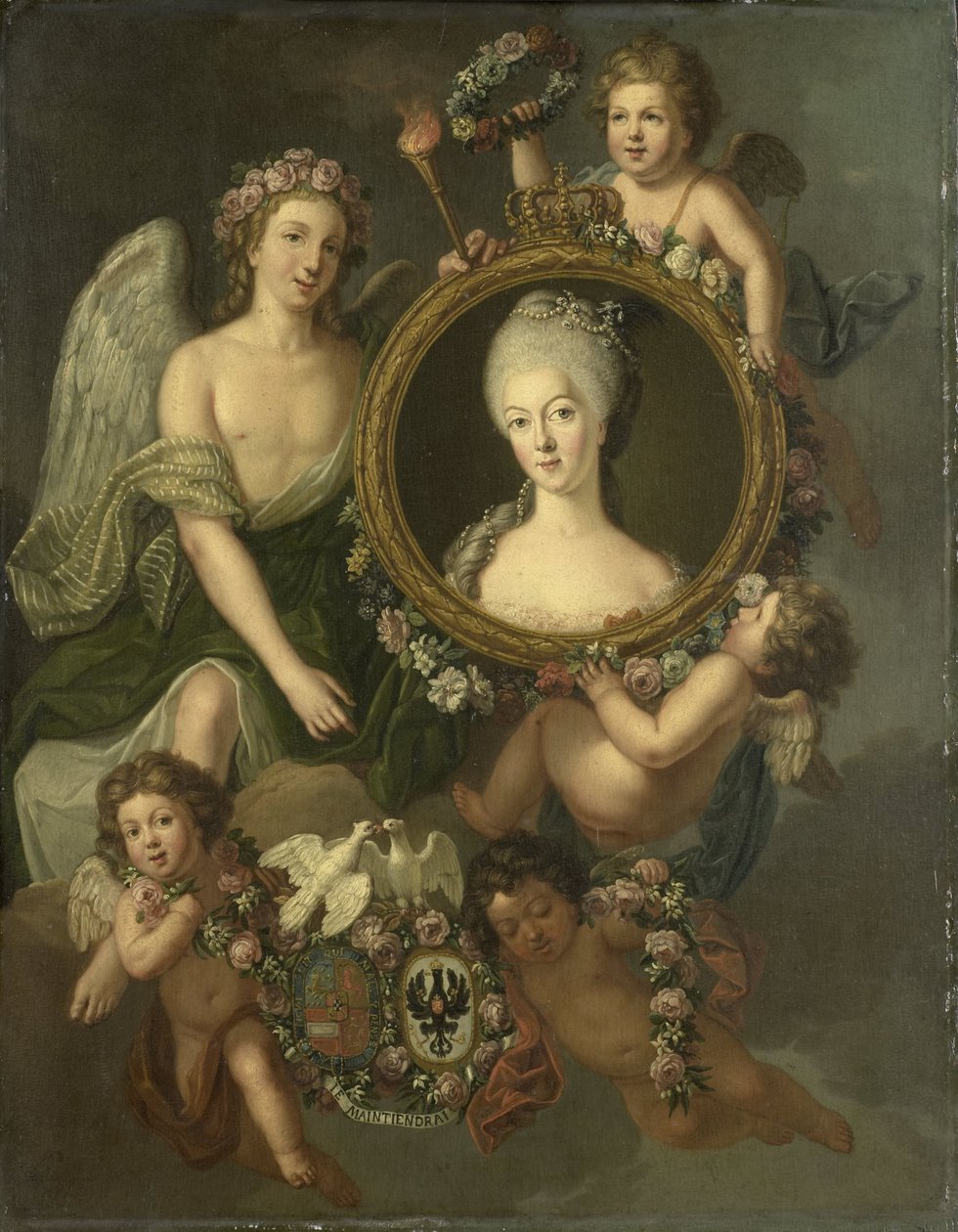 Portret Wilhelminy Pruskiej w medalionie z aluzjami do jej małżeństwa z księciem Wilhelmem V 4 października 1767 w Berlinie (Frederika Sophia Wilhelmina) autorstwa Friedrich Reclam
