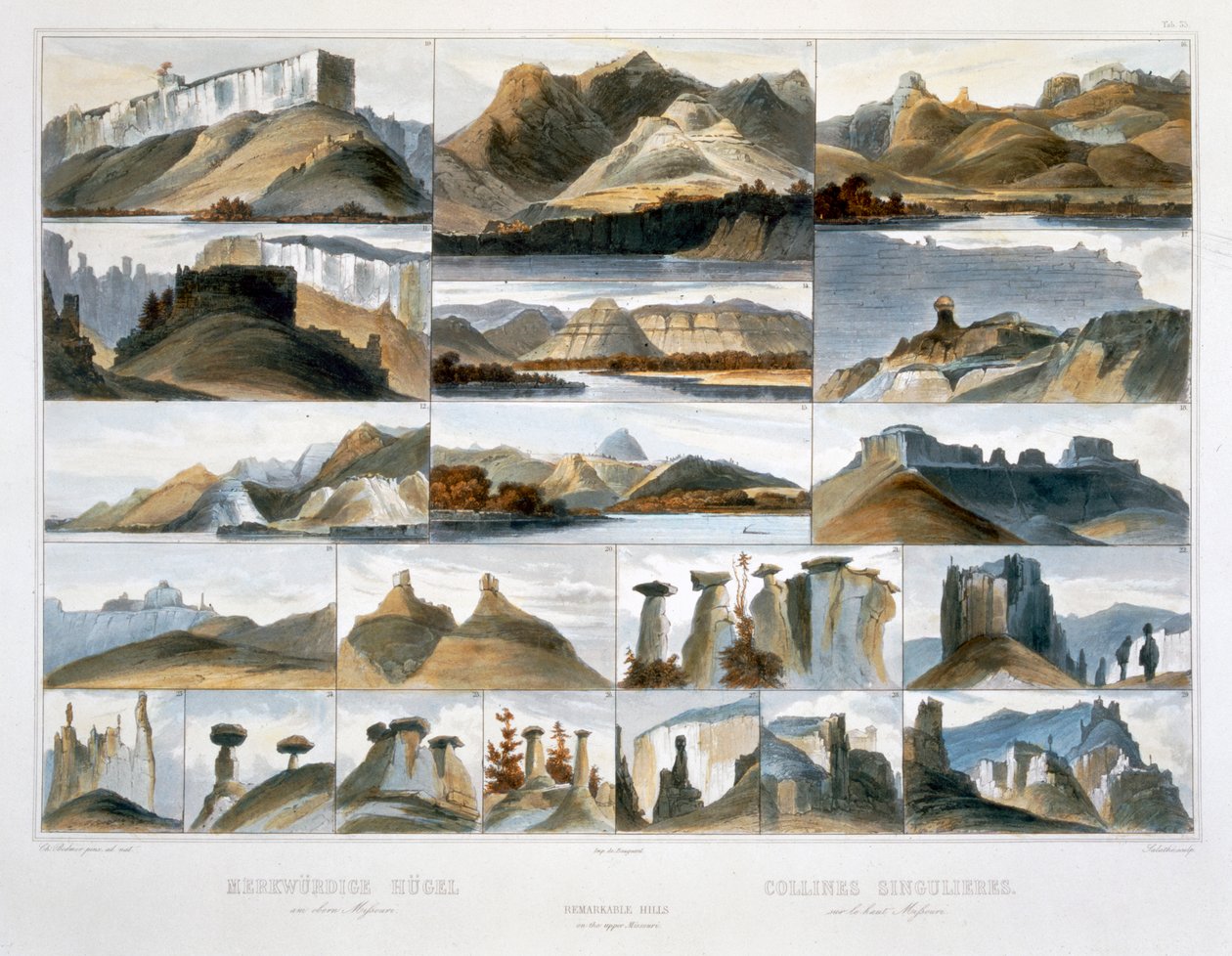 „Niezwykłe wzgórza w Upper Missouri”, 1844 autorstwa Friedrich Salathé
