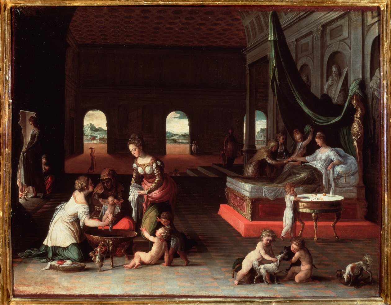 Narodziny dziecka - ok. 1565, olej na płótnie autorstwa Friedrich Sustris