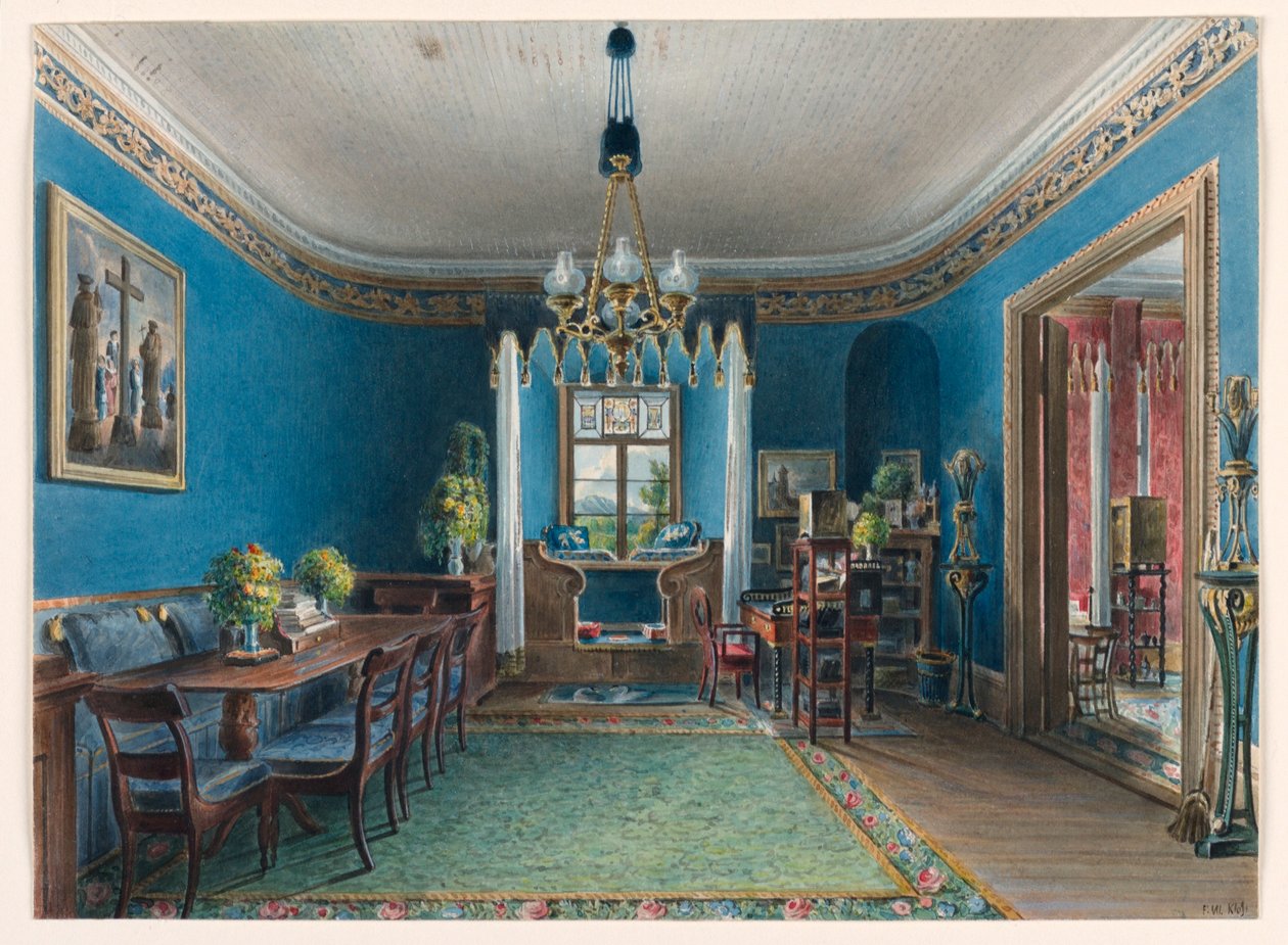Rysunek, Niebieski pokój, pałac Fischbach, 1846 r. autorstwa Friedrich Wilhelm Klose