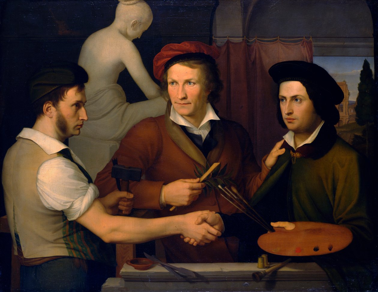 Autoportret z bratem Ridolfo i Bertelem Thorvaldsen, 1815-1816. autorstwa Friedrich Wilhelm von Schadow