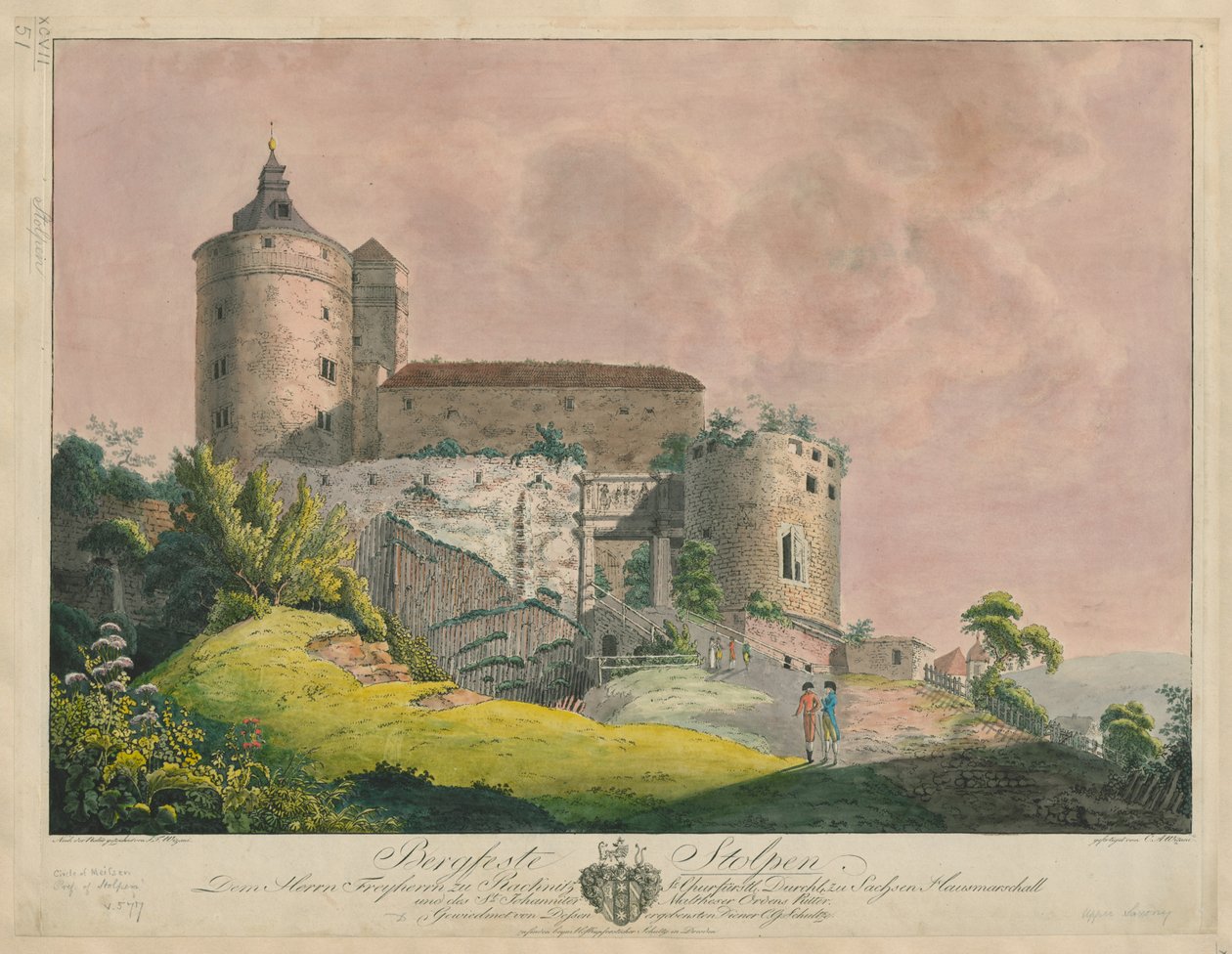 Bergfeste Stolpen, ok. 1800 (kolorowy grawerunek) autorstwa Friedrich or Johann Friedrich Wizani