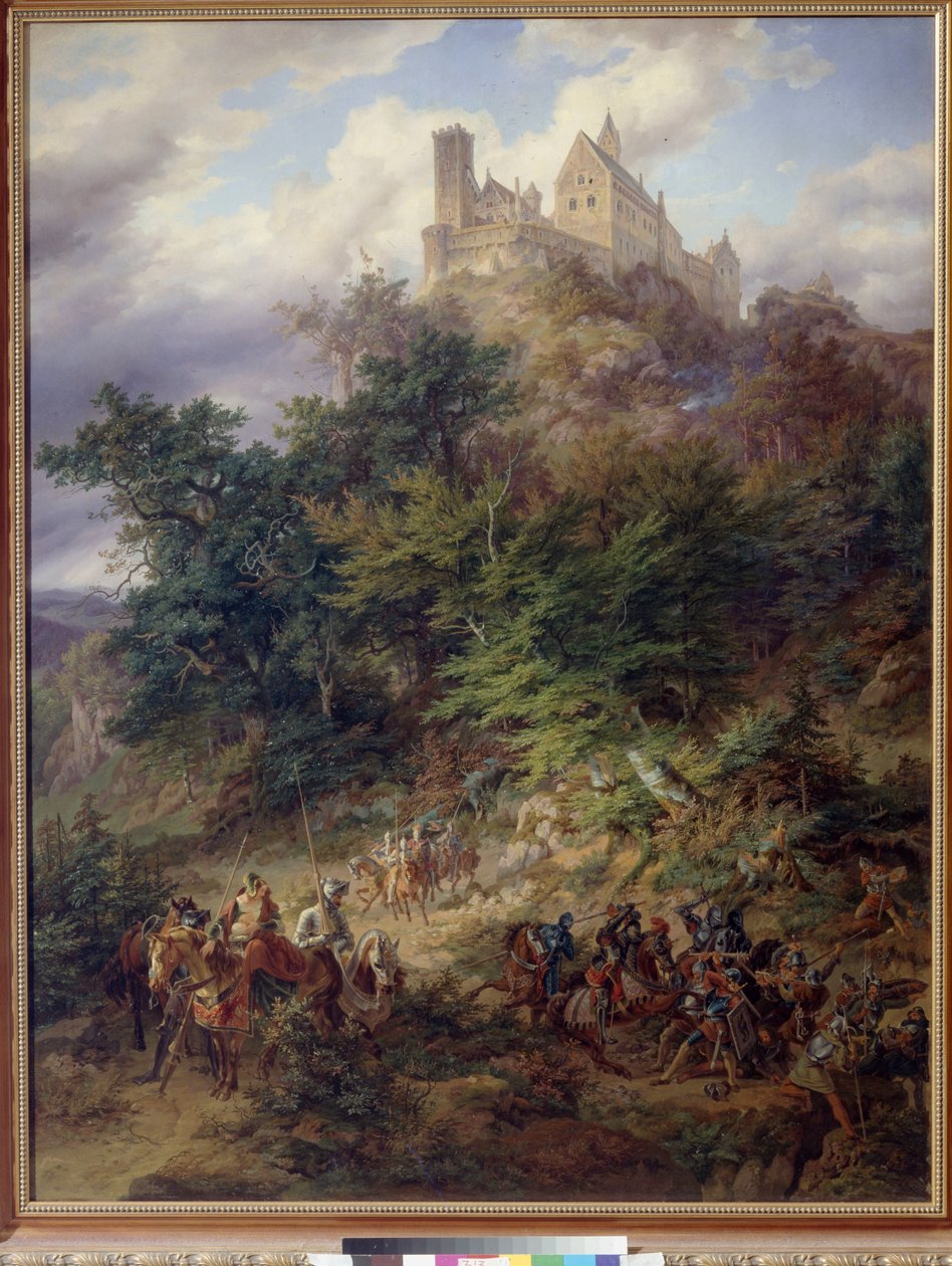 Pejzaż z rycerzami (Wartburg) autorstwa Prellera, Fryderyka Starszego (1804-1878). olej na płótnie autorstwa Friedrich the Elder Preller