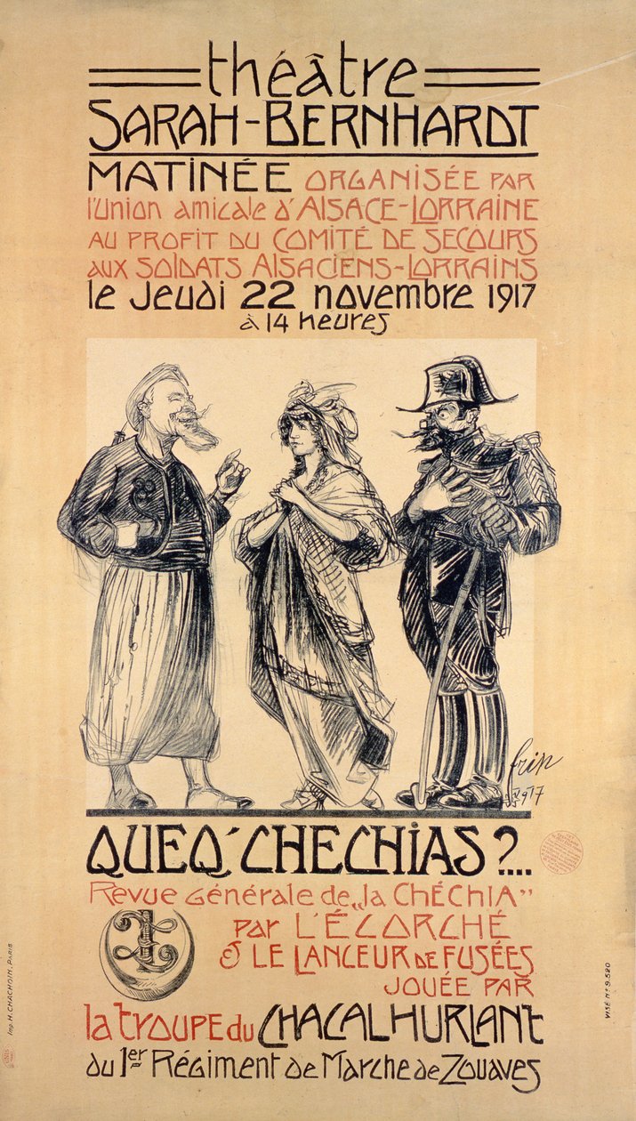 Plakat reklamujący spektakl Benefit Matinée w teatrze Sarah Bernhardt w Paryżu, aby pomóc żołnierzom z Alzacji-Lotaryngii, 1917 autorstwa Frip
